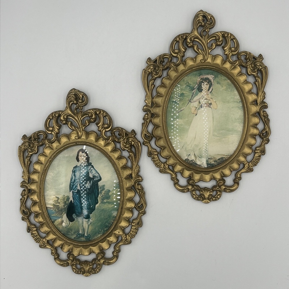 VTG Pair Pinkie Blue Boy Ornate Gold Italian Plaque Convex Glass Picture Frame